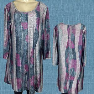 Lily By Firmiana +1X Teal-Purple Print Scoop Neck 3/4 Sleeve Above Knee Dress